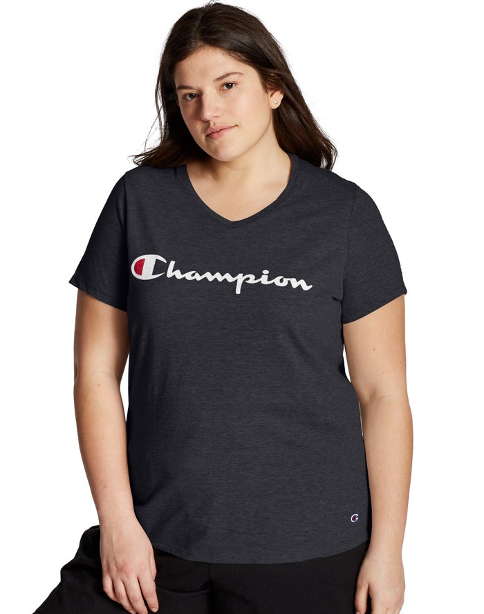 Champion Plus Jersey V-Neck Script Logo Kadın Tişört Siyah ( QATRUS391 )